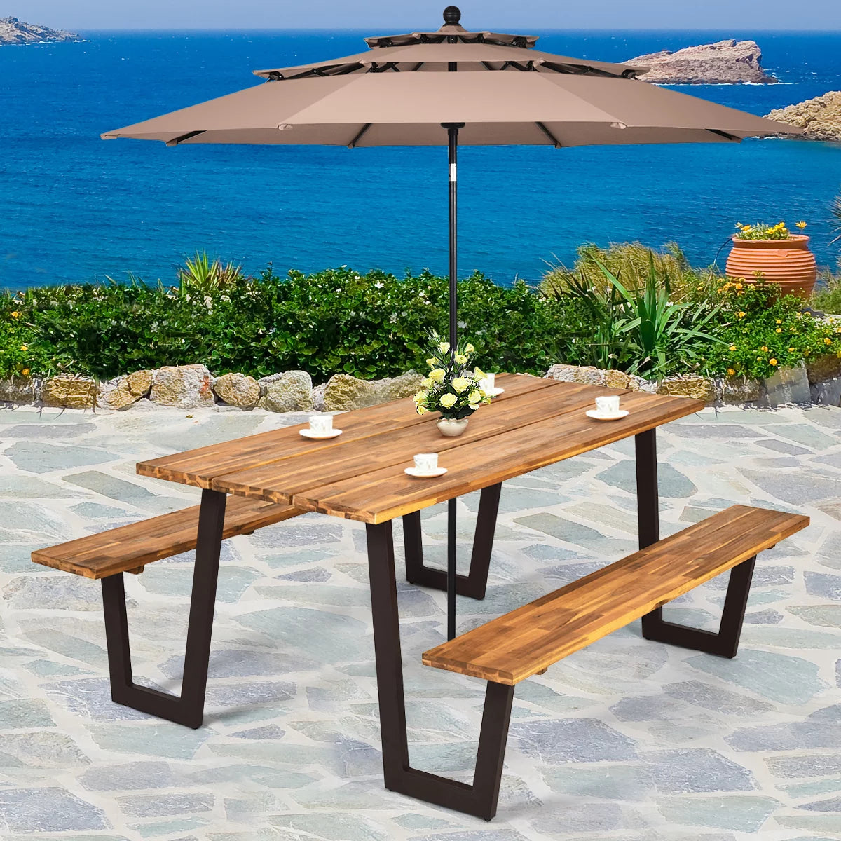 Patented Picnic Table with 2 Benches 70'' Dining Table Set with Seats and Umbrella Hole Q1715
