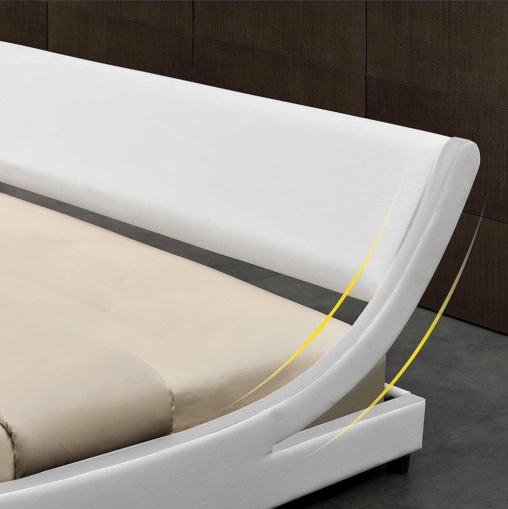 Glossy Black Full Size Platform Bed Frame with Leather Curved Adjustable Headboard O2678