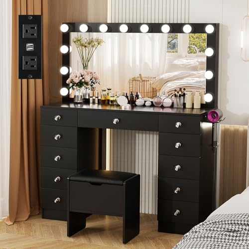 White Vanity Desk with Lighted Mirror and Stool Y442239
