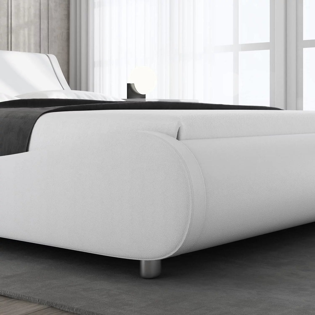 Glossy Black Full Size Platform Bed Frame with Leather Curved Adjustable Headboard O2678