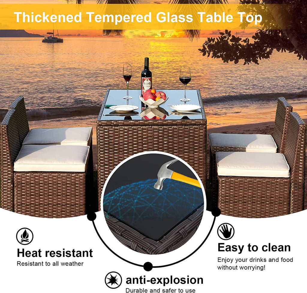 5 Pieces Patio Dining Set Rattan Chairs Glass Table T17376