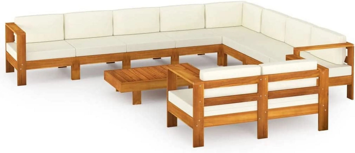 10 Piece Acacia Wood Patio Lounge Set with Cream White Cushions W596