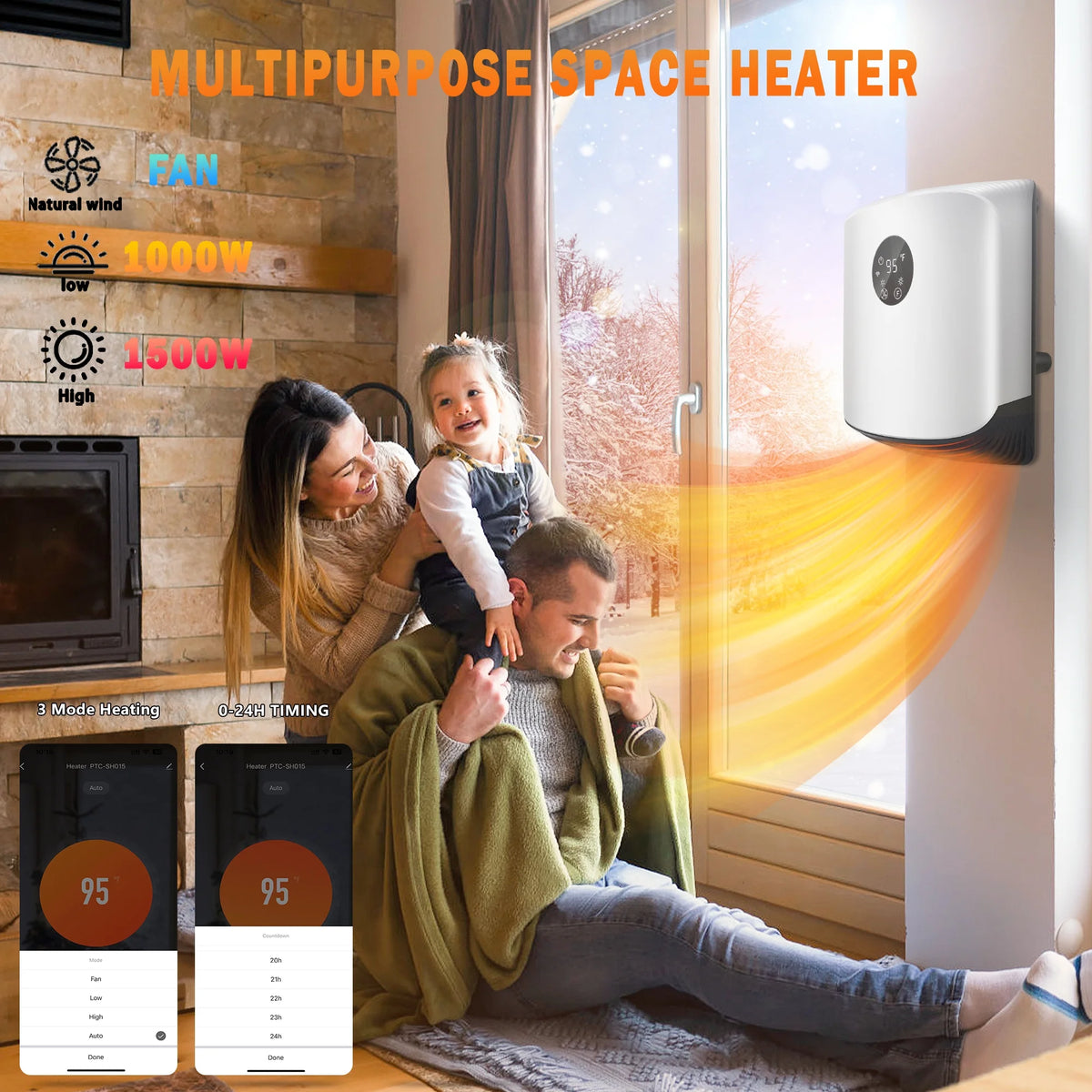 1500W Portable Wall Mounted Space Heater with Adjustable Thermostat E579