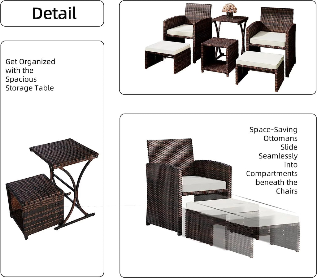 Brown Wicker 6 Piece Patio Furniture Set with Ottoman and Beige Cushion K308