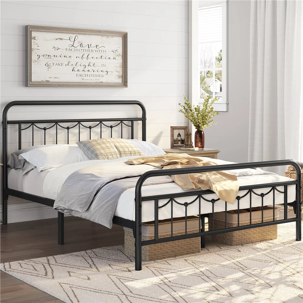 Queen Size Matte Black Metal Platform Bed Frame with Headboard and Footboard R638600