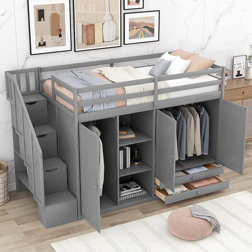 Solid Wood Loft Bed with Stairs, 2 Wardrobes, 3 Shelves and 2 Drawers, Gray D53047
