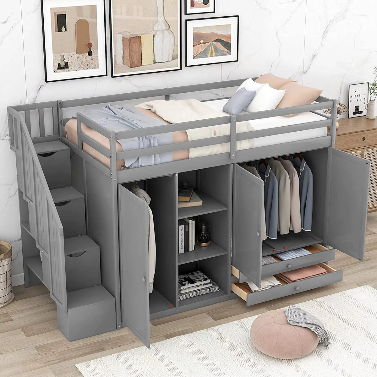 Solid Wood Loft Bed with Stairs, 2 Wardrobes, 3 Shelves and 2 Drawers, Gray D53047