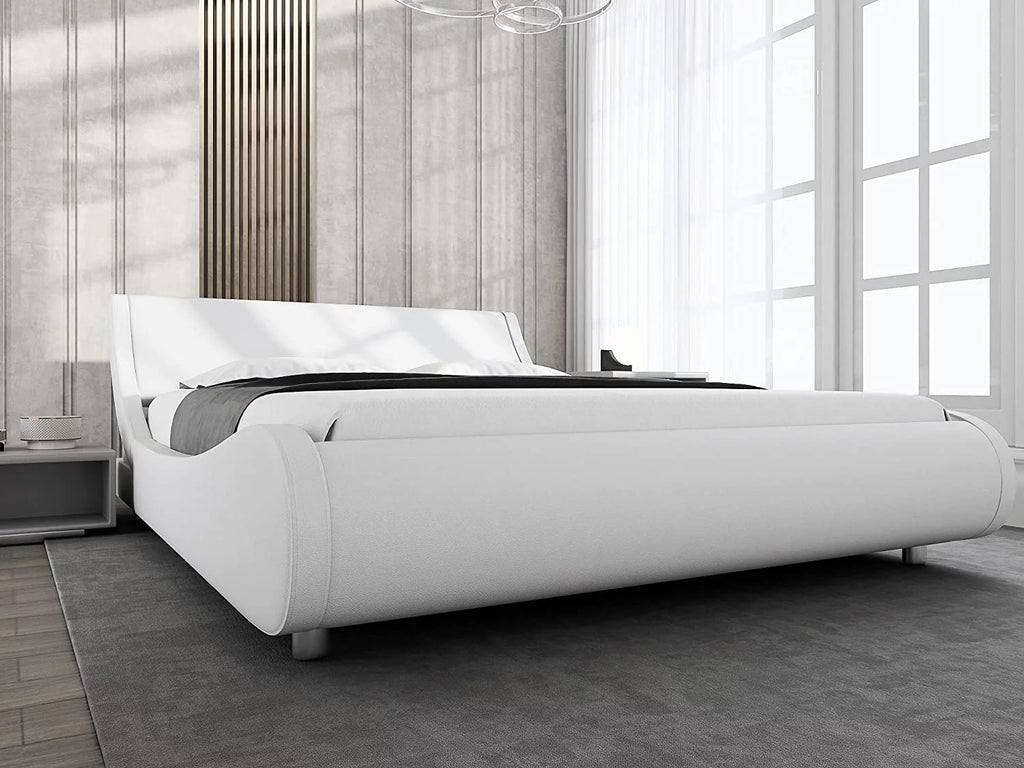 Glossy Black Full Size Platform Bed Frame with Leather Curved Adjustable Headboard O2678