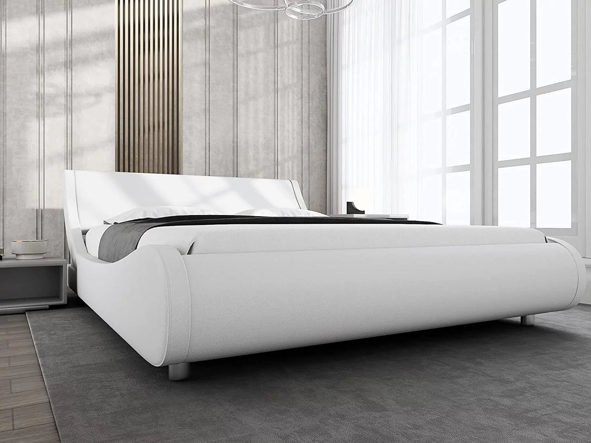 Glossy Black Full Size Platform Bed Frame with Leather Curved Adjustable Headboard O2678