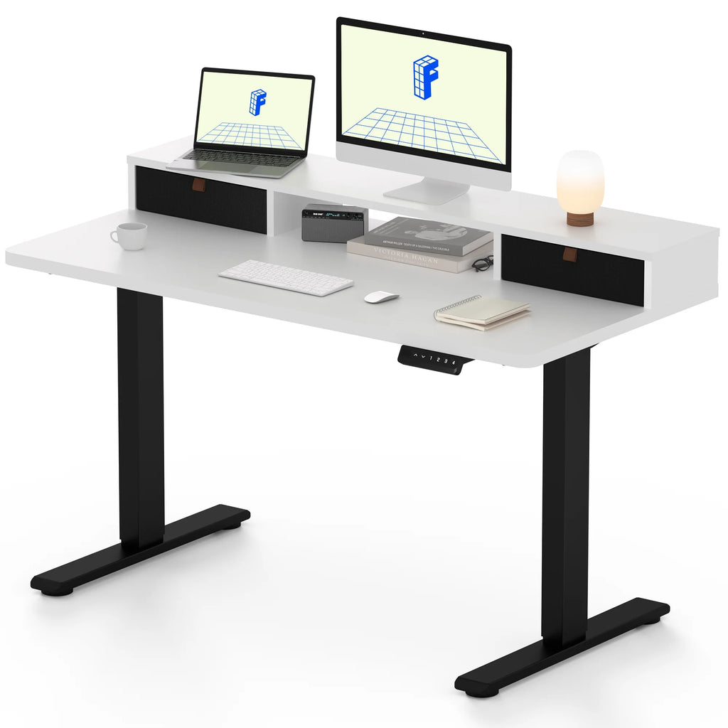 48"x24" Height Adjustable Standing Desk with 2 Drawers Black Frame White Top H2653