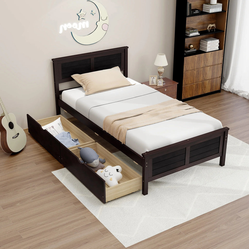 Twin Size Wooden Bed Frame with 2 Storage Drawers H905198