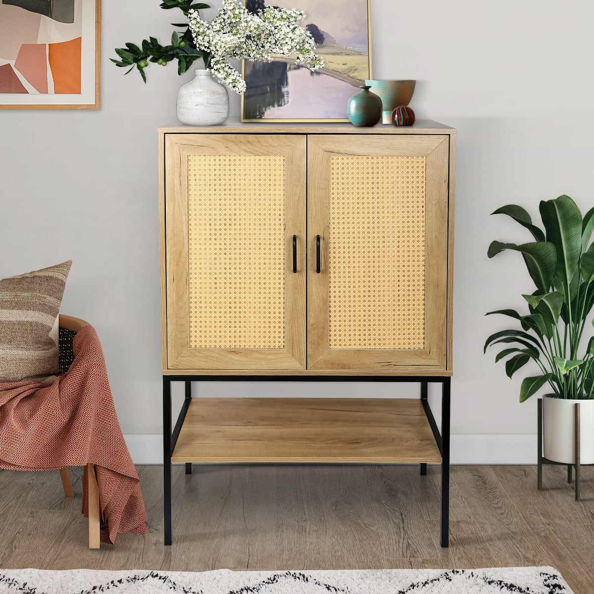 Wooden Cabinet with 2 Rattan Doors and Bottom Shelf G917