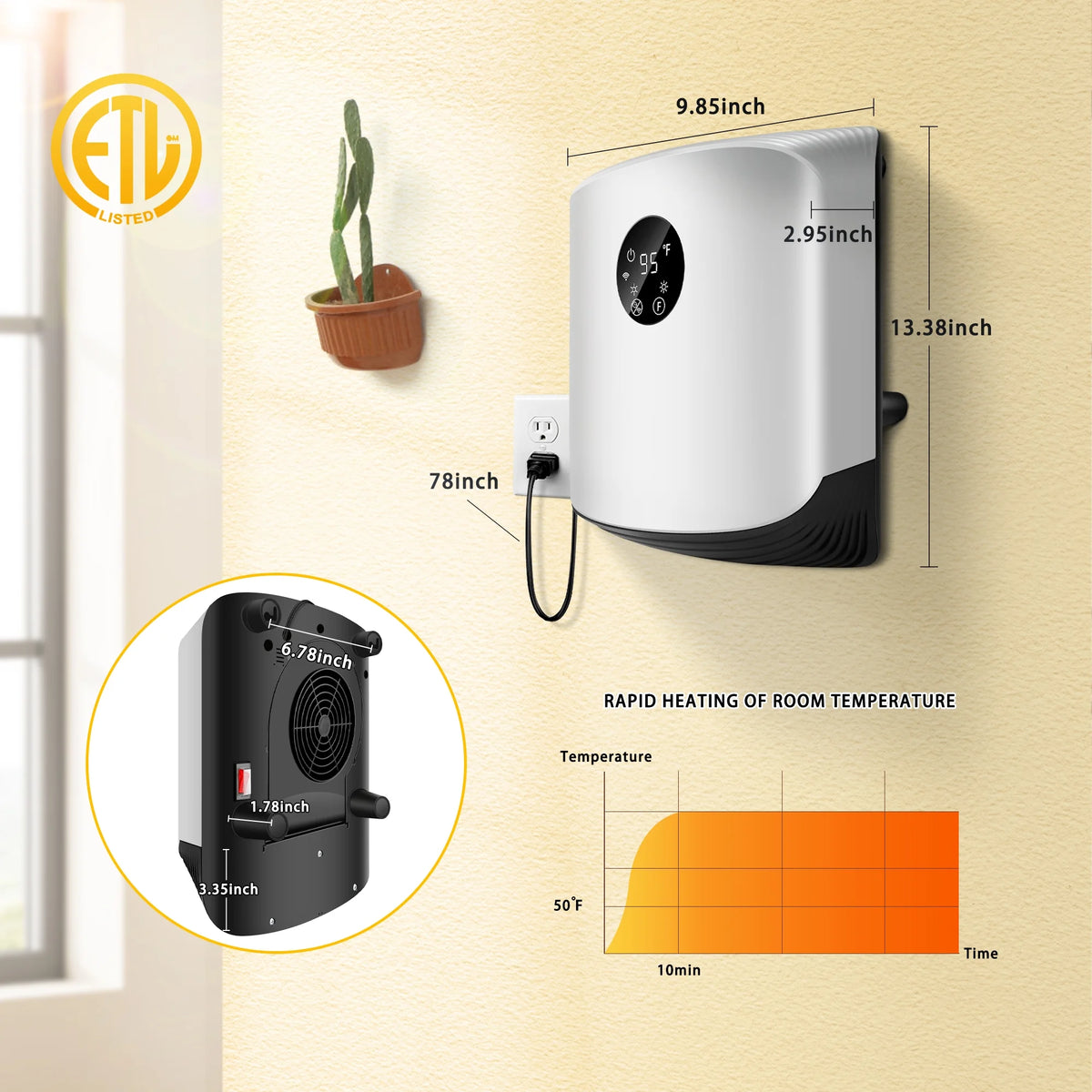 1500W Portable Wall Mounted Space Heater with Adjustable Thermostat E579
