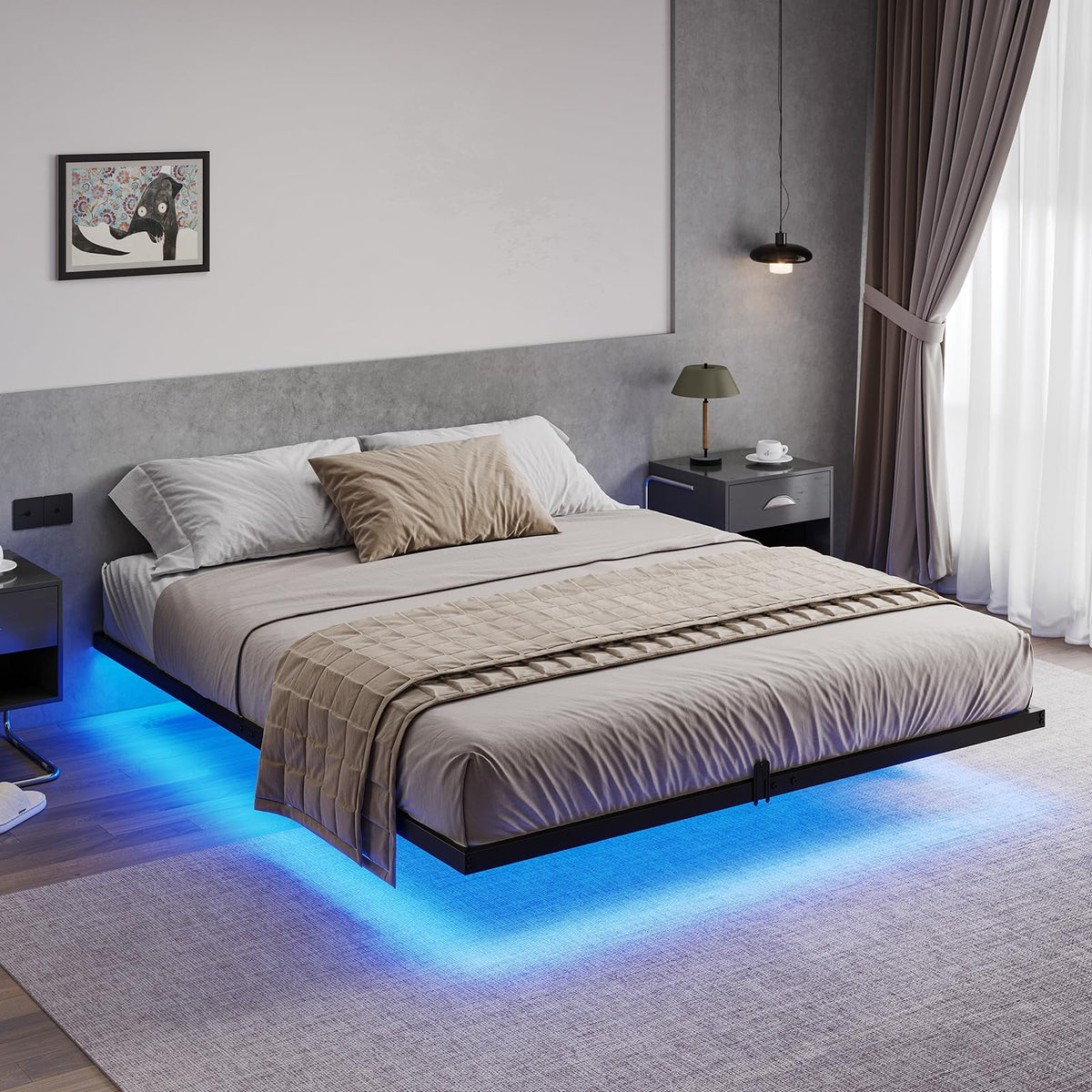 Queen Size Black Metal Platform Bed Frame with LED Lights H8875