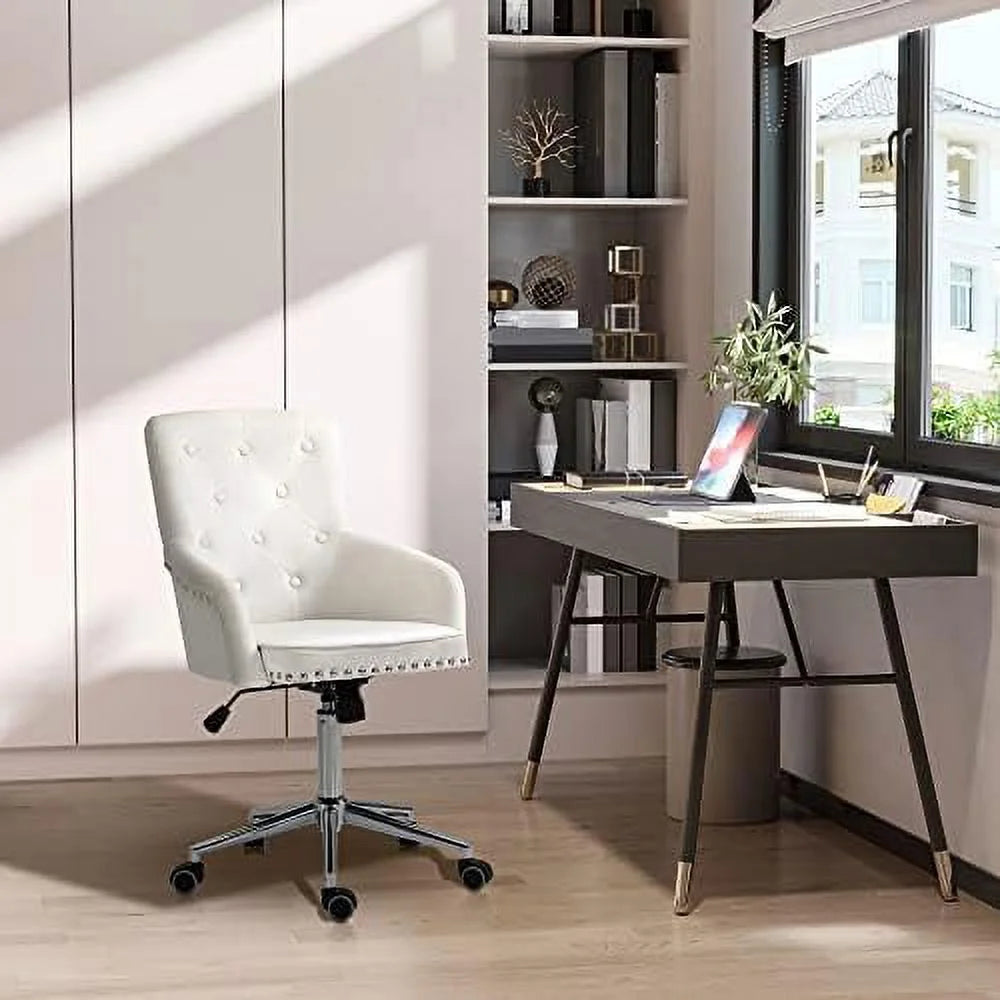 White Tufted Velvet Swivel Desk Chair C7899