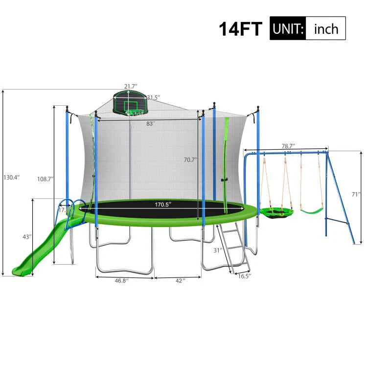 12/14FT Trampoline with Swing and Slide, 1000LBS Capacity X361429