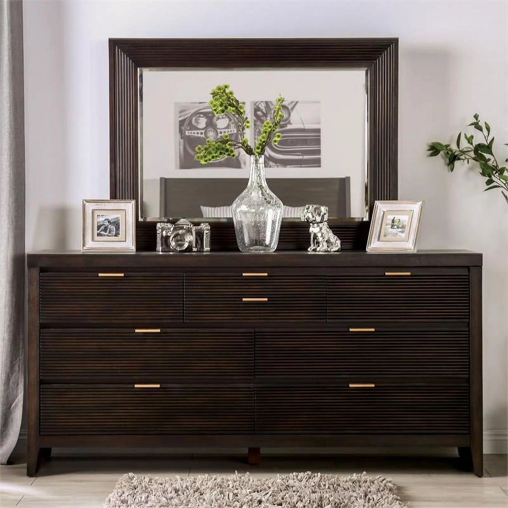 Wood 2-Piece Dresser and Mirror Set in Dark Walnut J237955