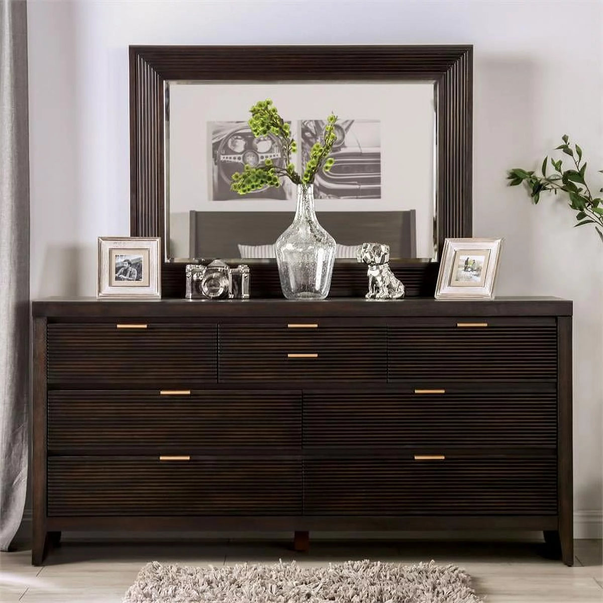 Wood 2-Piece Dresser and Mirror Set in Dark Walnut J237955