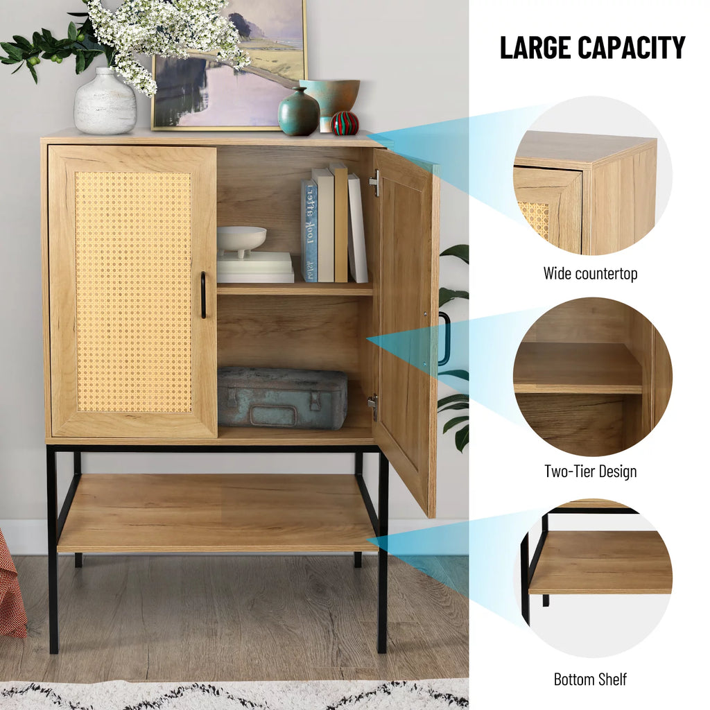 Wooden Cabinet with 2 Rattan Doors and Bottom Shelf G917