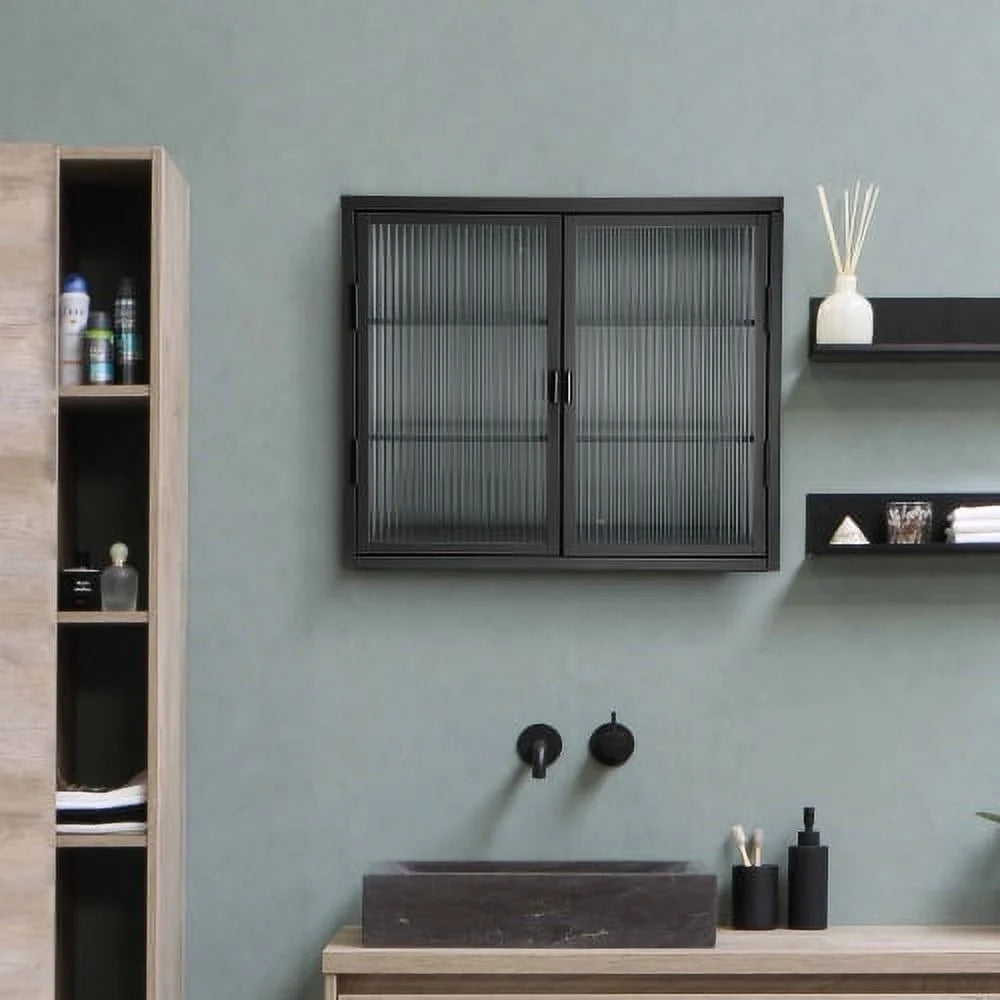 Double Glass Door Wall Cabinet with Detachable Shelves Black O52965