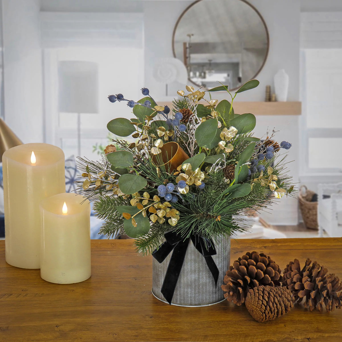 Blue 17in Artificial Arrangement with Pinecones Berries Bells and Metal Pot Base F9682