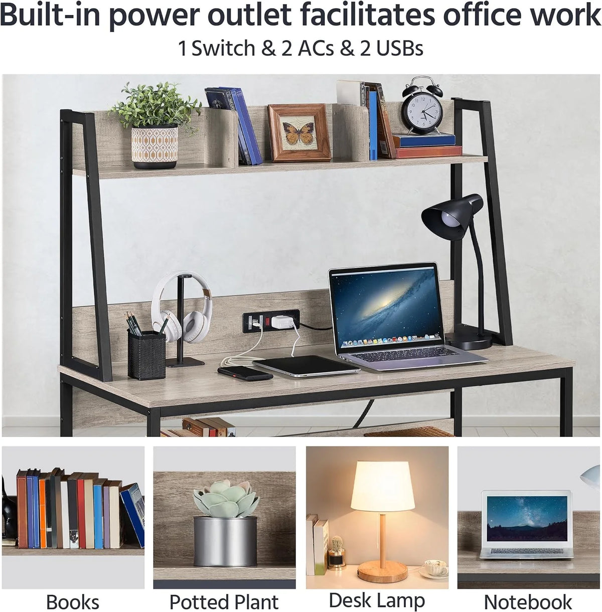 Gray Home Office Desk and Chair Set with Power Outlet D617