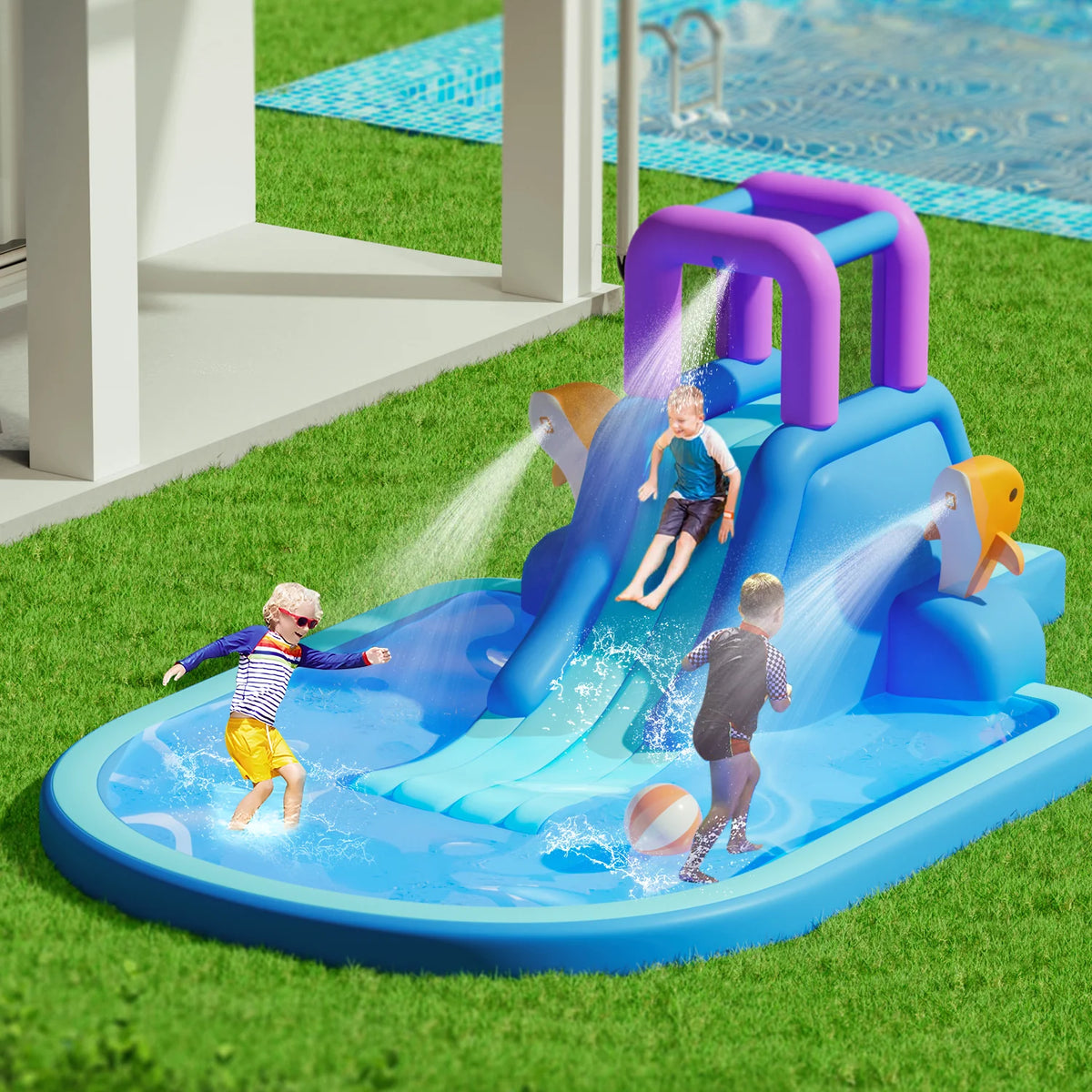 Kids Inflatable Water Slide with Blower and Splash Pool X602939