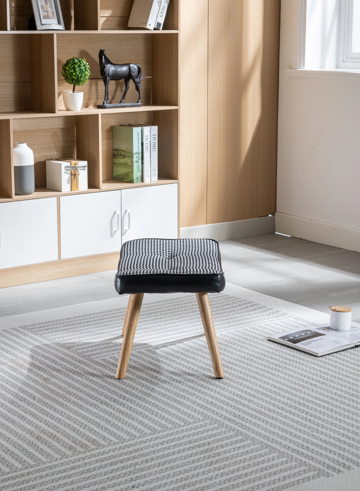 Black Wooden Square Cushion Foot Stool Y709534