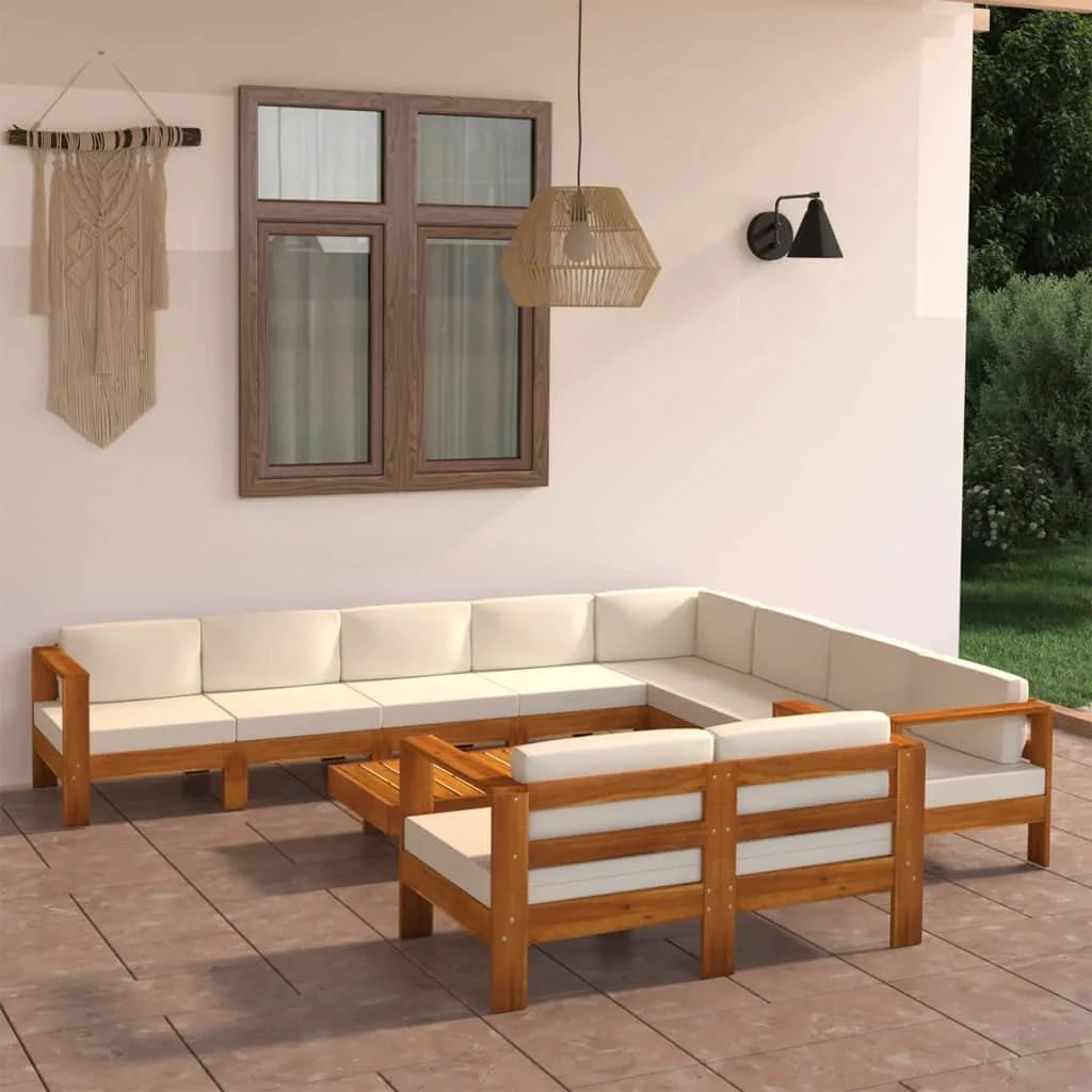 10 Piece Acacia Wood Patio Lounge Set with Cream White Cushions W596