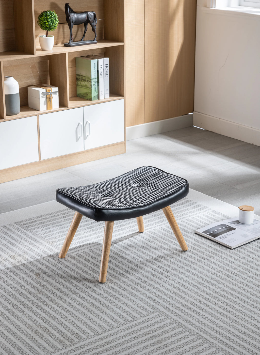 Black Wooden Square Cushion Foot Stool Y709534