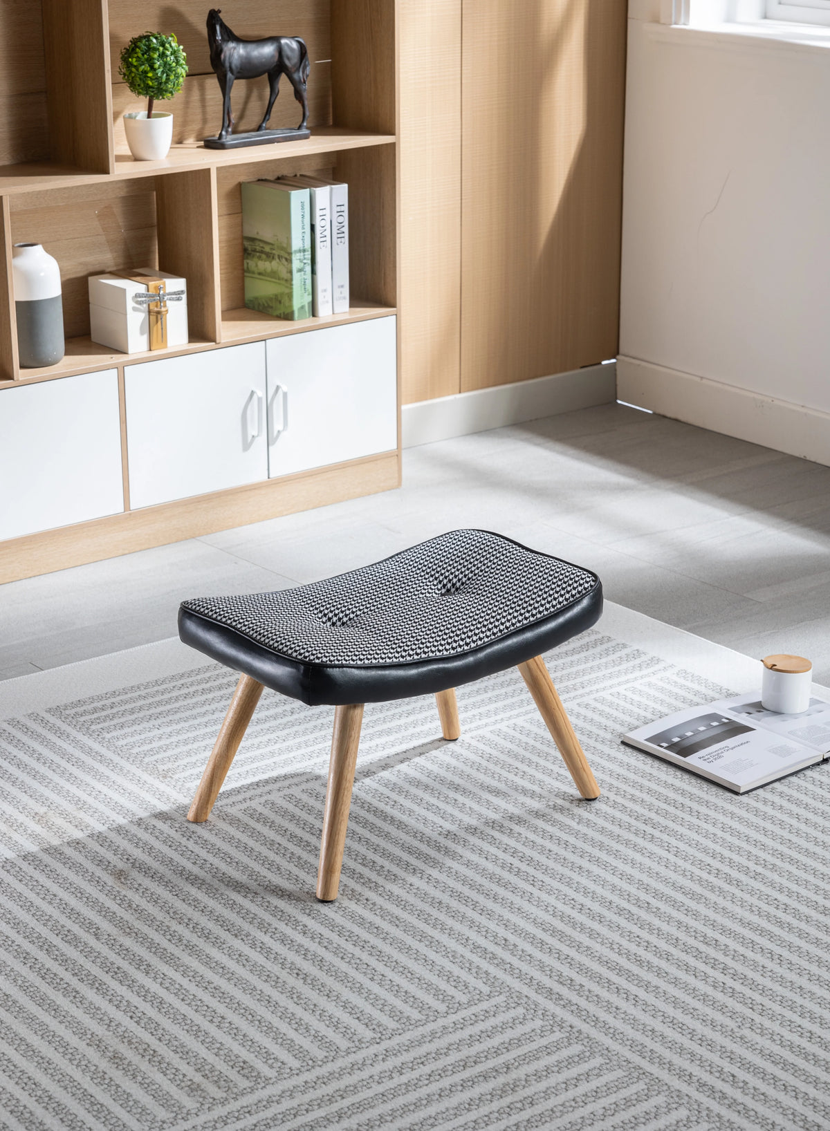 Black Wooden Square Cushion Foot Stool Y709534