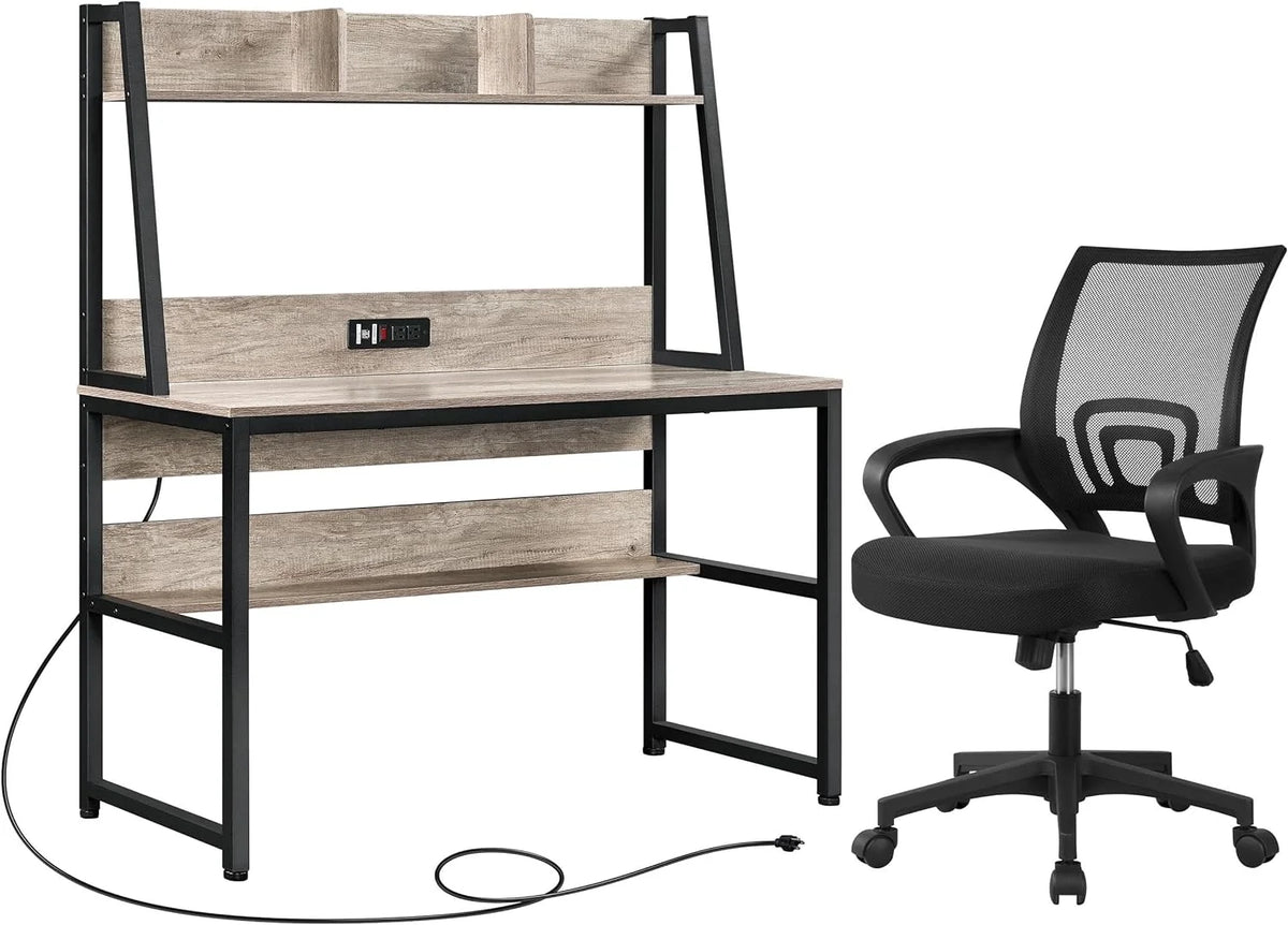 Gray Home Office Desk and Chair Set with Power Outlet D617