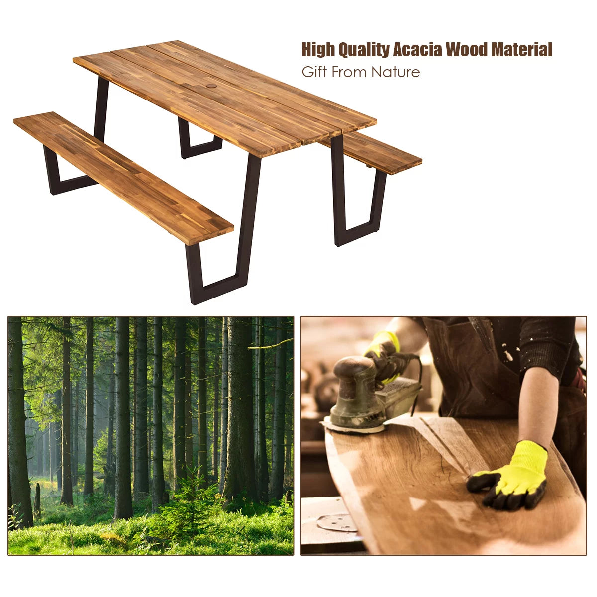Patented Picnic Table with 2 Benches 70'' Dining Table Set with Seats and Umbrella Hole Q1715