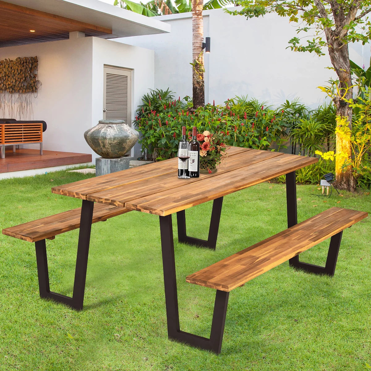 Patented Picnic Table with 2 Benches 70'' Dining Table Set with Seats and Umbrella Hole Q1715