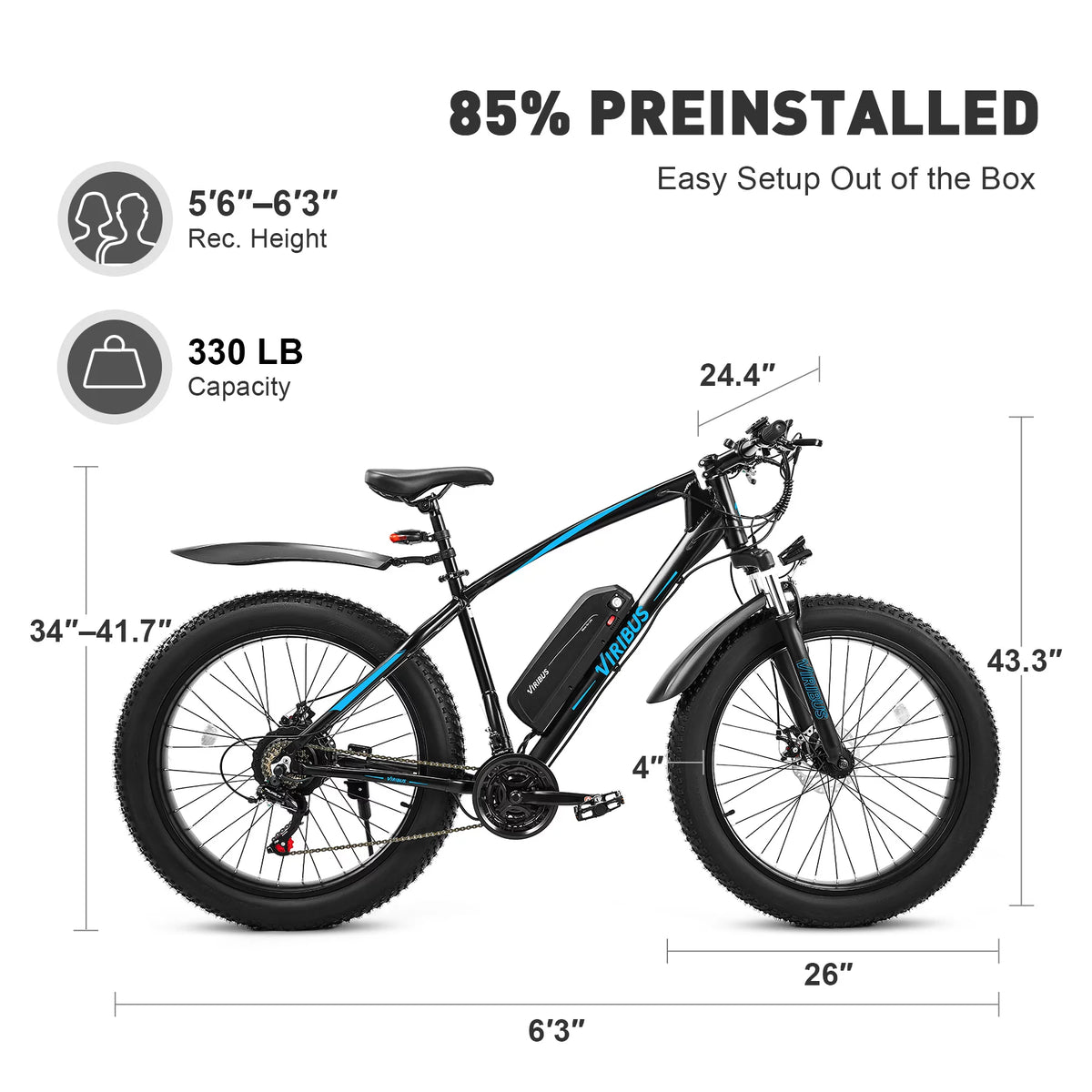 Electric Mountain Bike 26" 500W Fat Tire Blue C648523