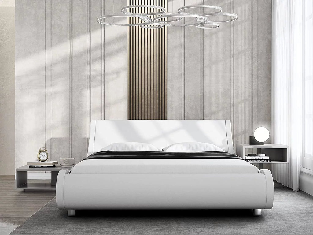 Glossy Black Full Size Platform Bed Frame with Leather Curved Adjustable Headboard O2678