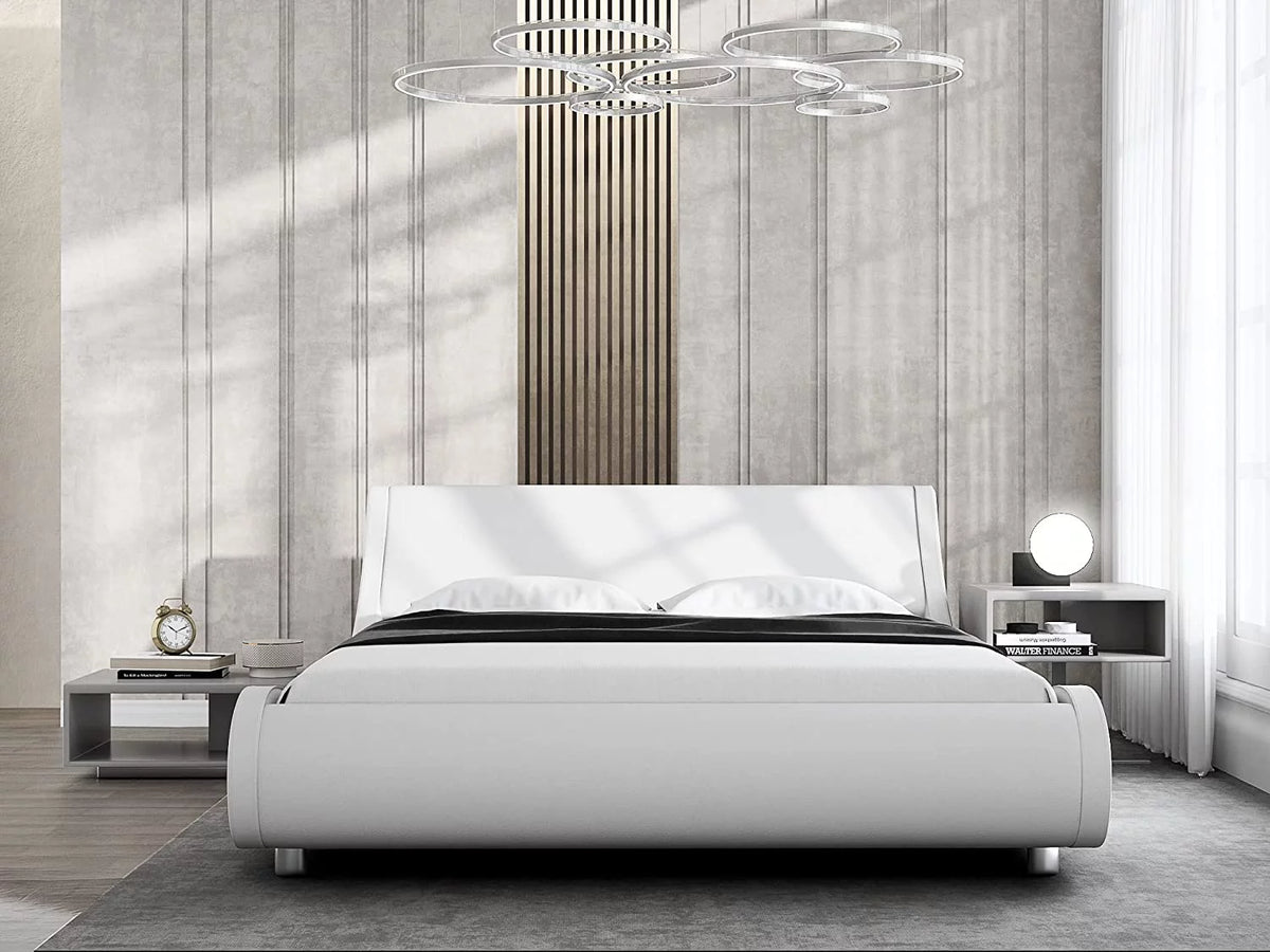 Glossy Black Full Size Platform Bed Frame with Leather Curved Adjustable Headboard O2678