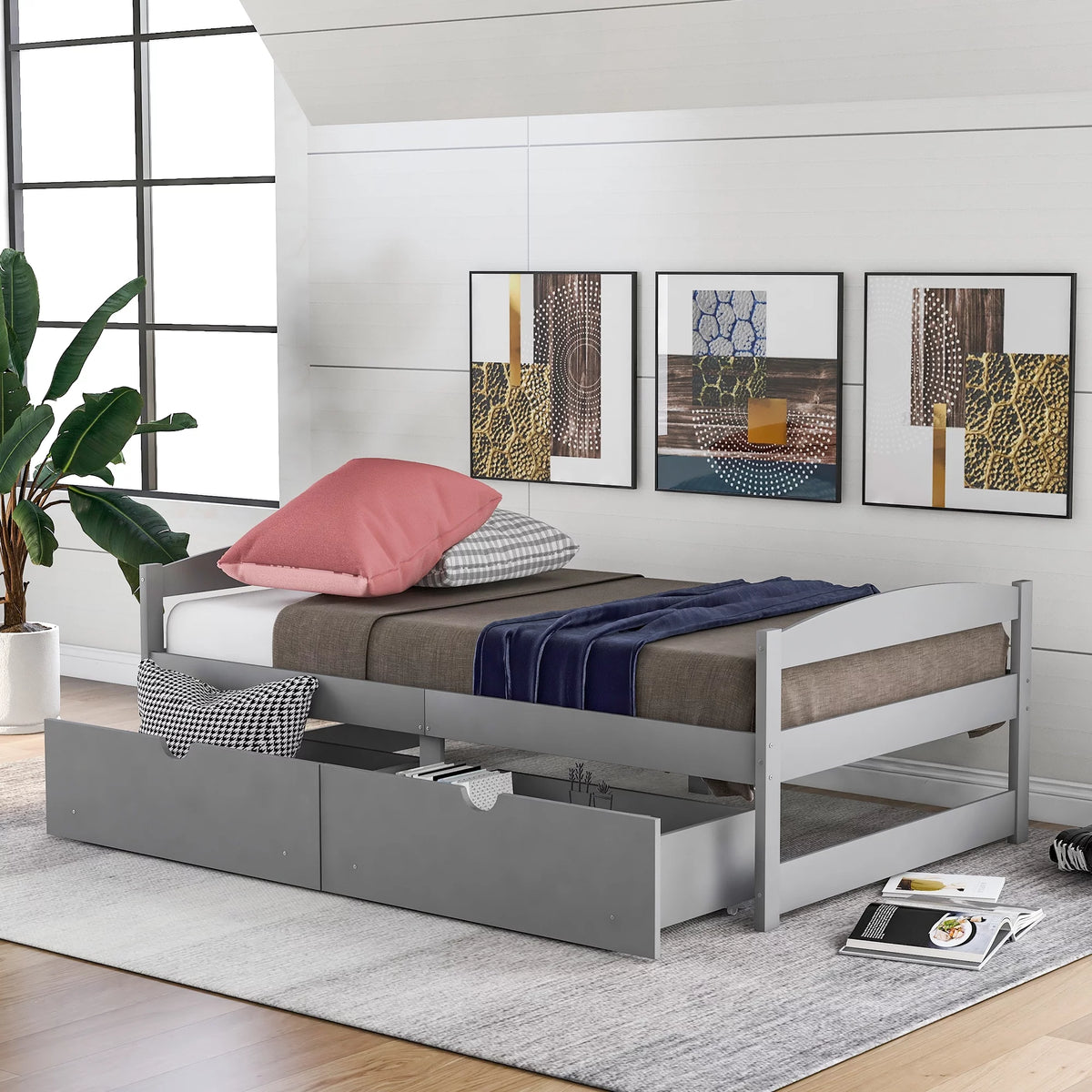 White Twin Storage Bed Frame with Drawers H9366