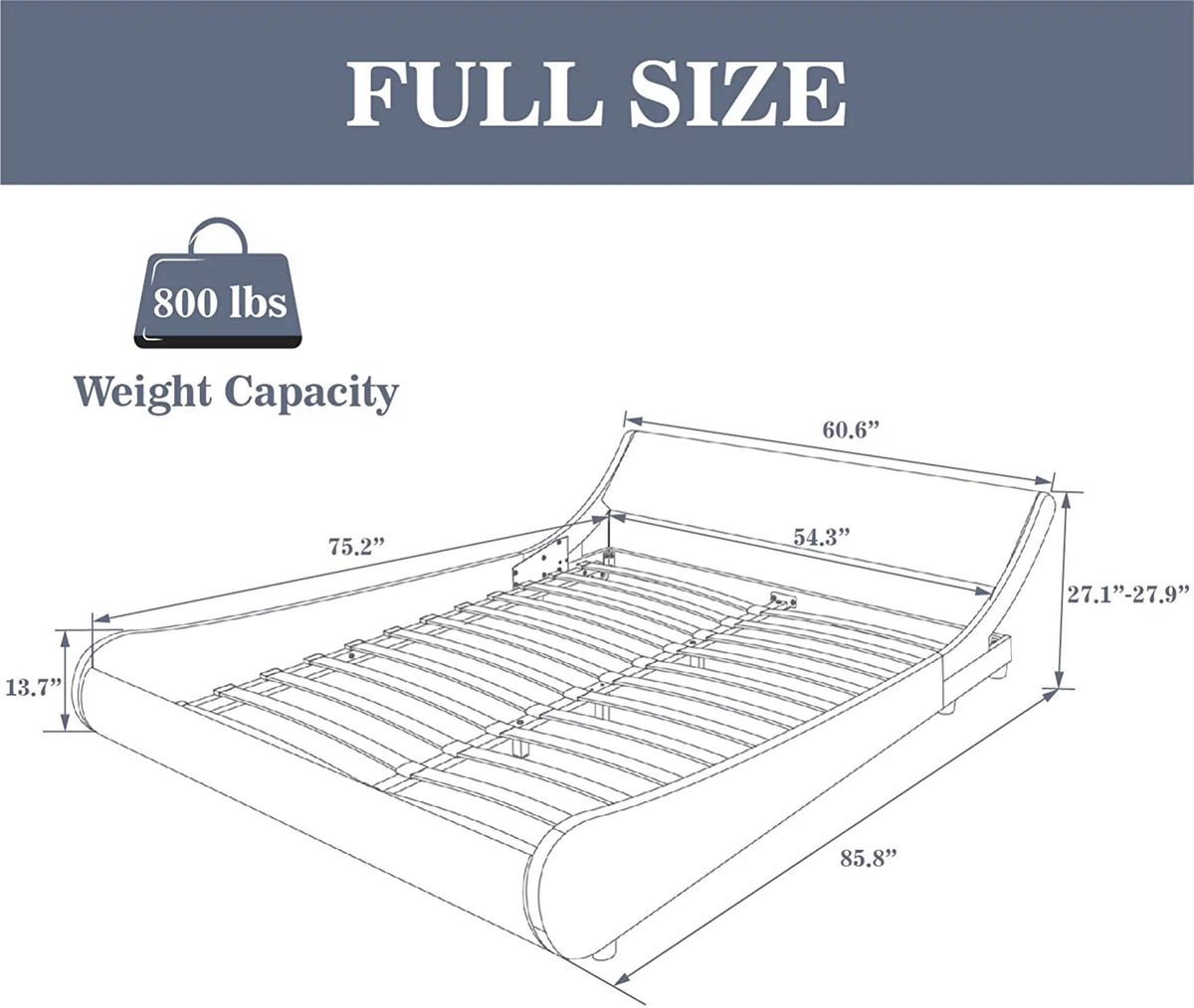 Glossy Black Full Size Platform Bed Frame with Leather Curved Adjustable Headboard O2678