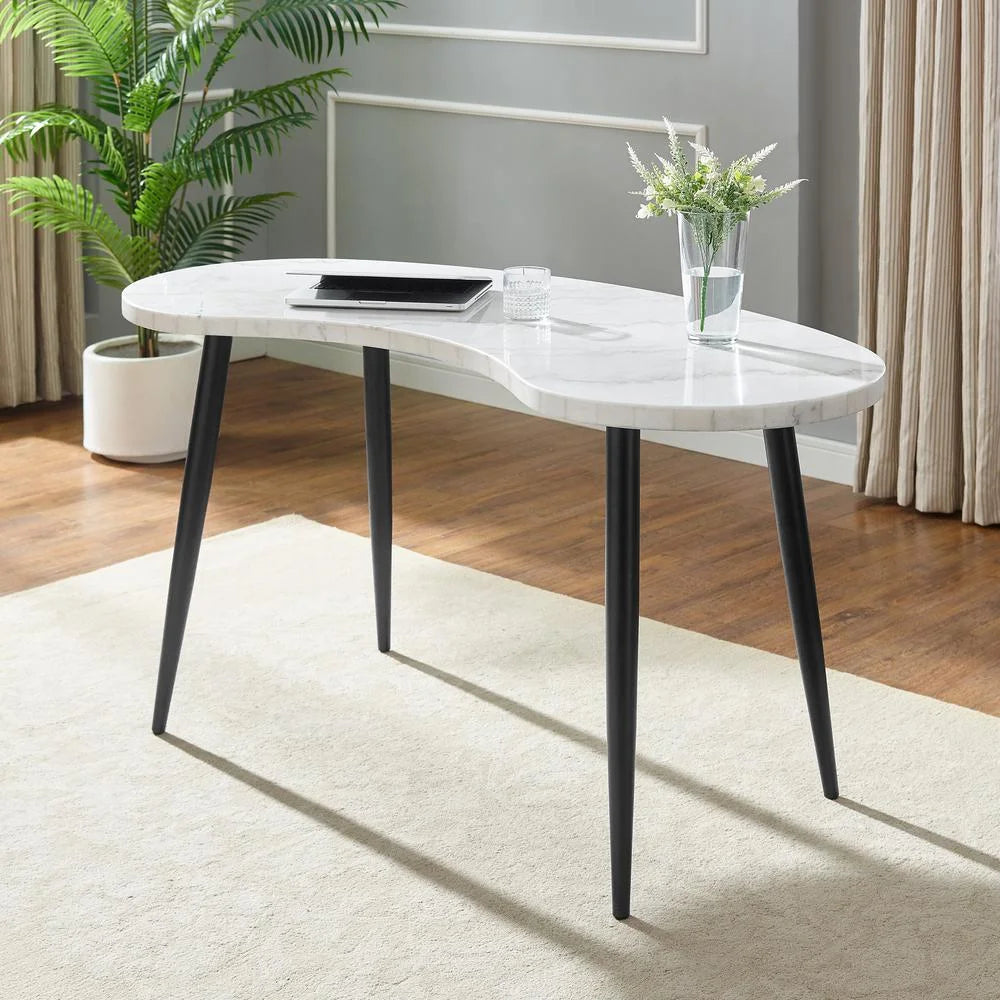 White Marble Desk and Gray Upholstered Chair Set H568