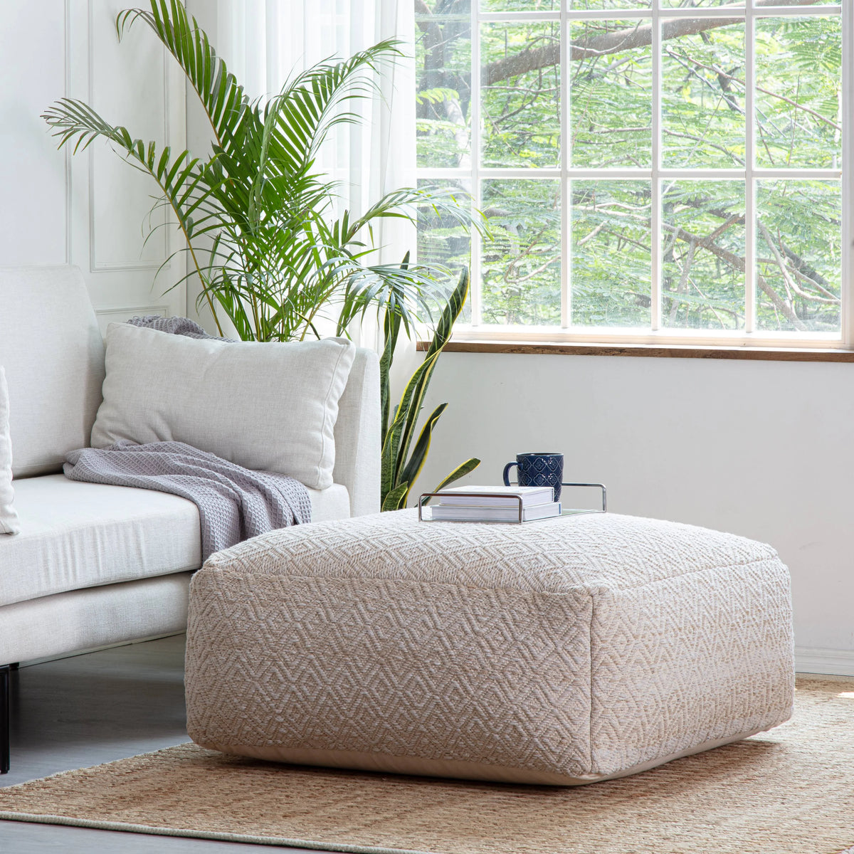 Tawny Beige Cotton Polyester Square Poufs C586