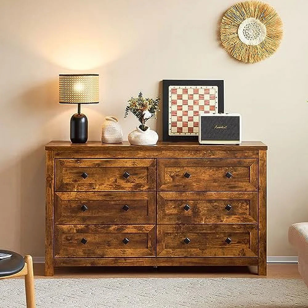 6 Drawer Wood Dresser with Vintage Grain Texture E39704